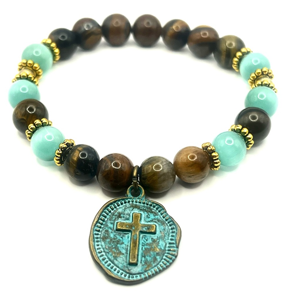 Turquoise and Brown Beaded Bracelet with Cross Charm